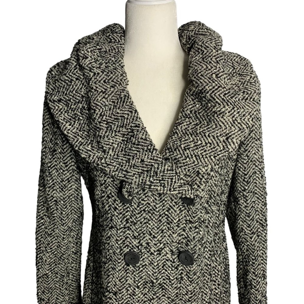 Calvin Klein Tweed Wool Blend Coat 2 Black Grey Herringbone Pockets Tie Belt - Picture 3 of 7
